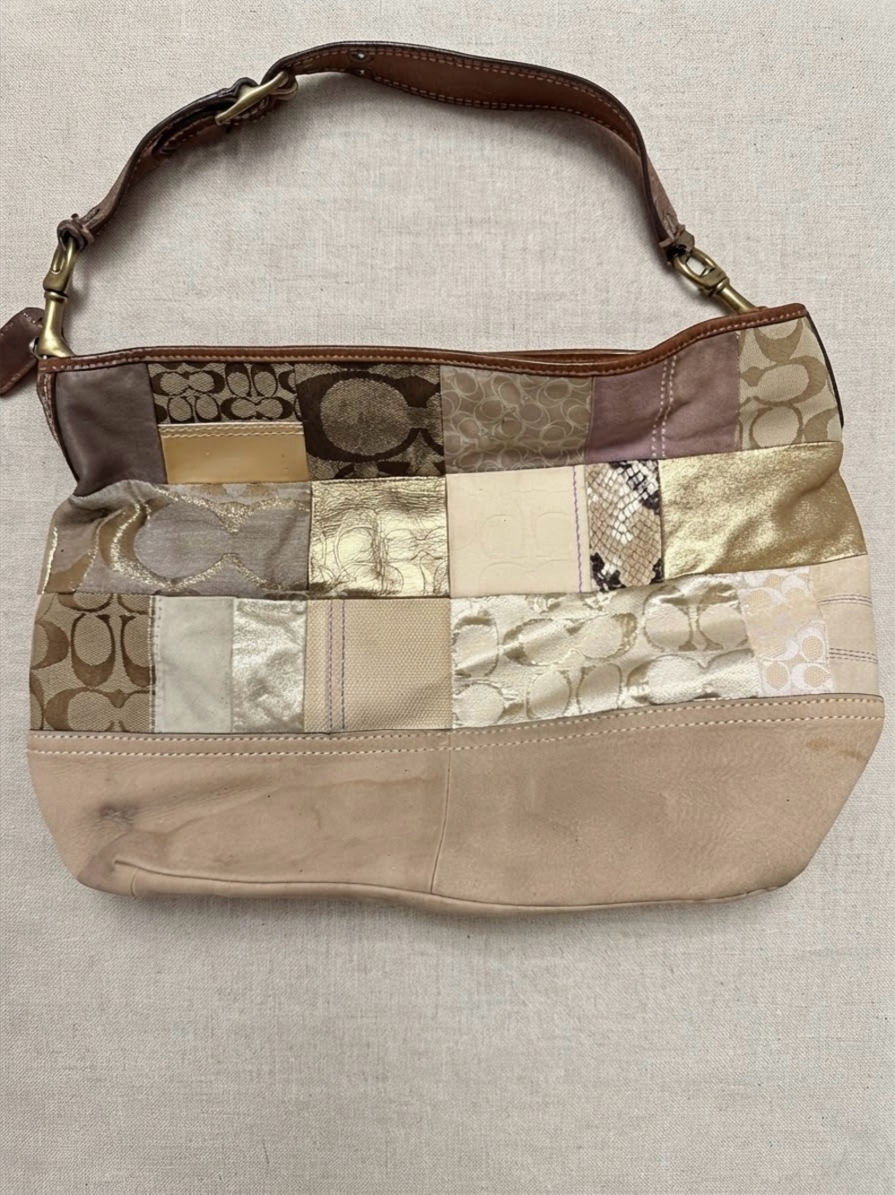 Coach Vintage Gold Signature Brown White Patchwork Gallery Bucket Bag Purse Y2K